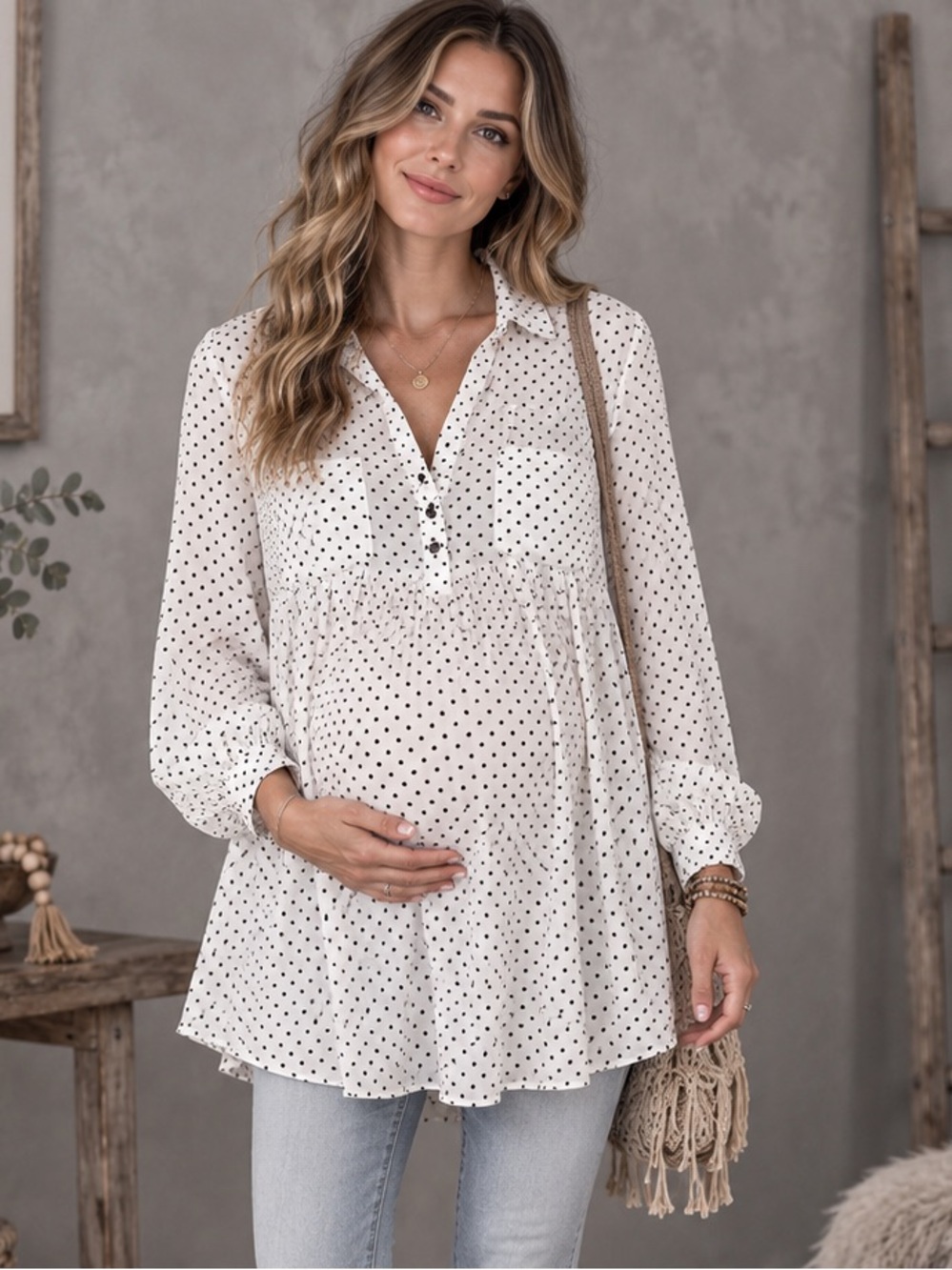Motherhood Maternity White Polka Dot Blouse Top